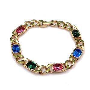 Vintage Multicolored Tennis Bracelet, Gold Tone, 7 In, 1990s